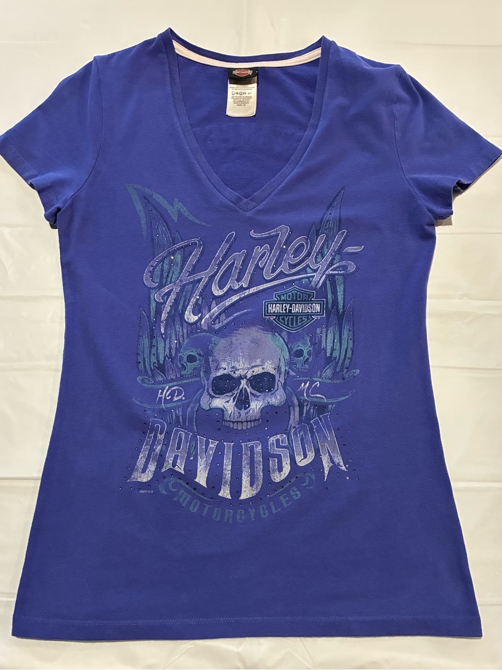 Harley-Davidson Purple V‑Neck Skull Graphic Tee Size Large
